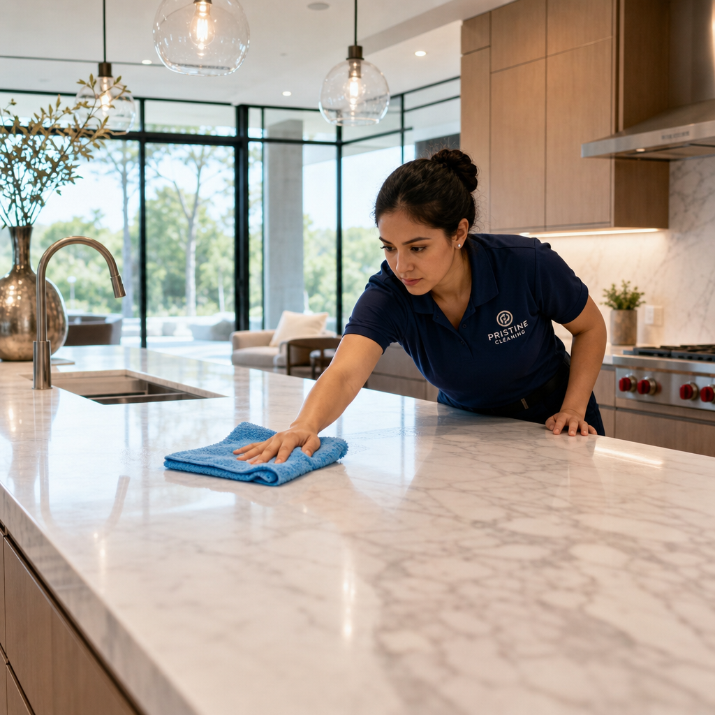 "Professional post-construction cleaning of a luxury marble kitchen island in a modern home."