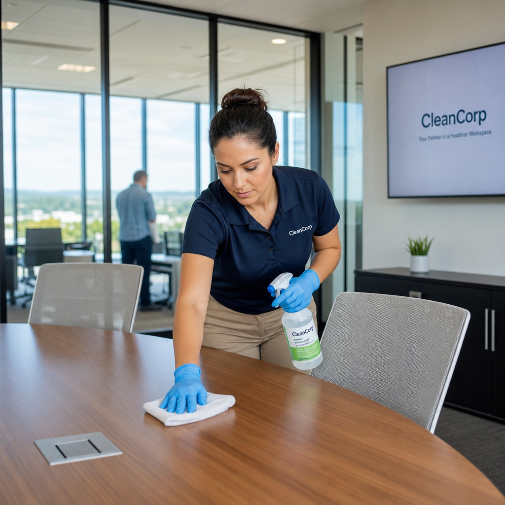 Professional commercial cleaning service sanitizing a modern corporate office conference room."