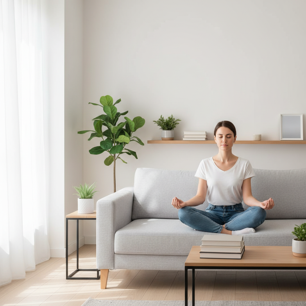 A serene and minimalist modern living room with soft natural light, representing the psychological benefits of a clean and organized home environment in 2026.