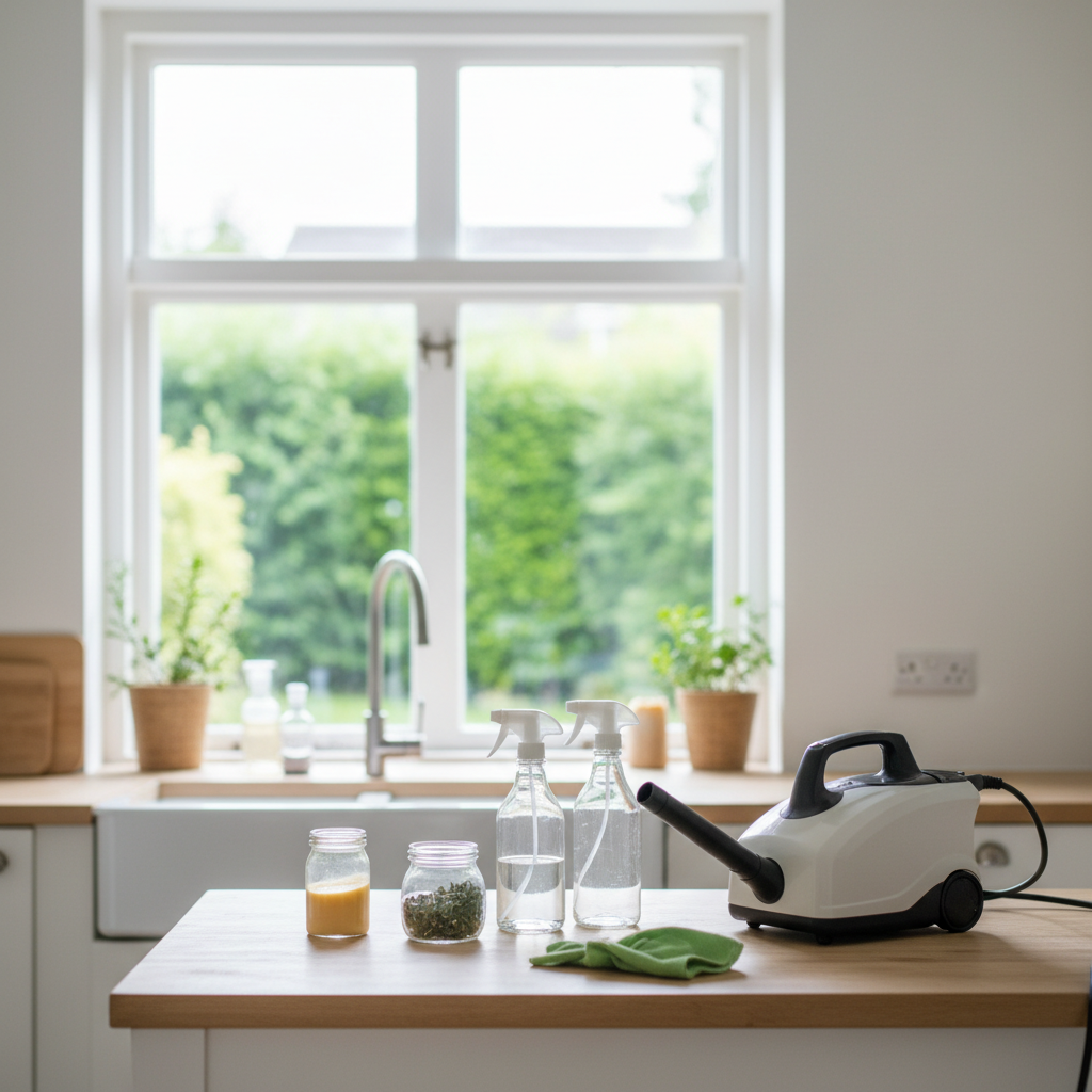 A modern, sustainable kitchen in 2026 featuring reusable glass cleaning bottles, natural ingredients, and high-tech eco-friendly cleaning tools, symbolizing a healthy and green home.