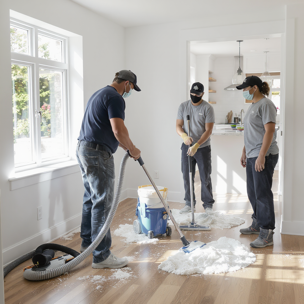 couple cleaning newly renovated living room floor together, using microfiber mop and vacuum on bright tile and wood surfaces, sunlight coming through large windows, realistic warm family home atmosphere after renovation