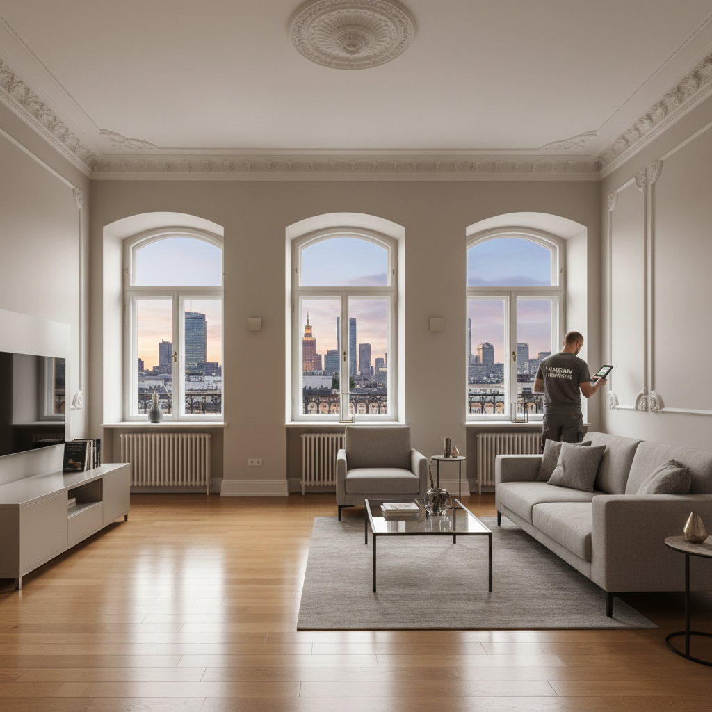 A premium modern apartment in Warsaw with a view of the skyline, featuring professional home maintenance services that blend historic architecture with high-tech care in 2026.
