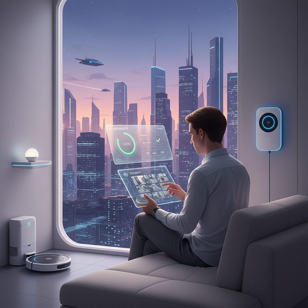 A futuristic and minimalist living room in 2026 with integrated smart home devices and a person monitoring maintenance and security dashboards on a tablet.