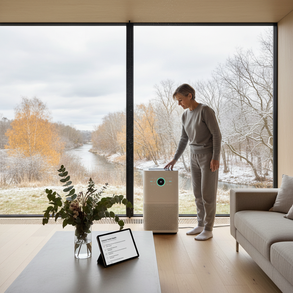 A person adjusting a smart air purification system in a modern home during a seasonal transition, representing the ultimate home detox for extreme weather in 2026.