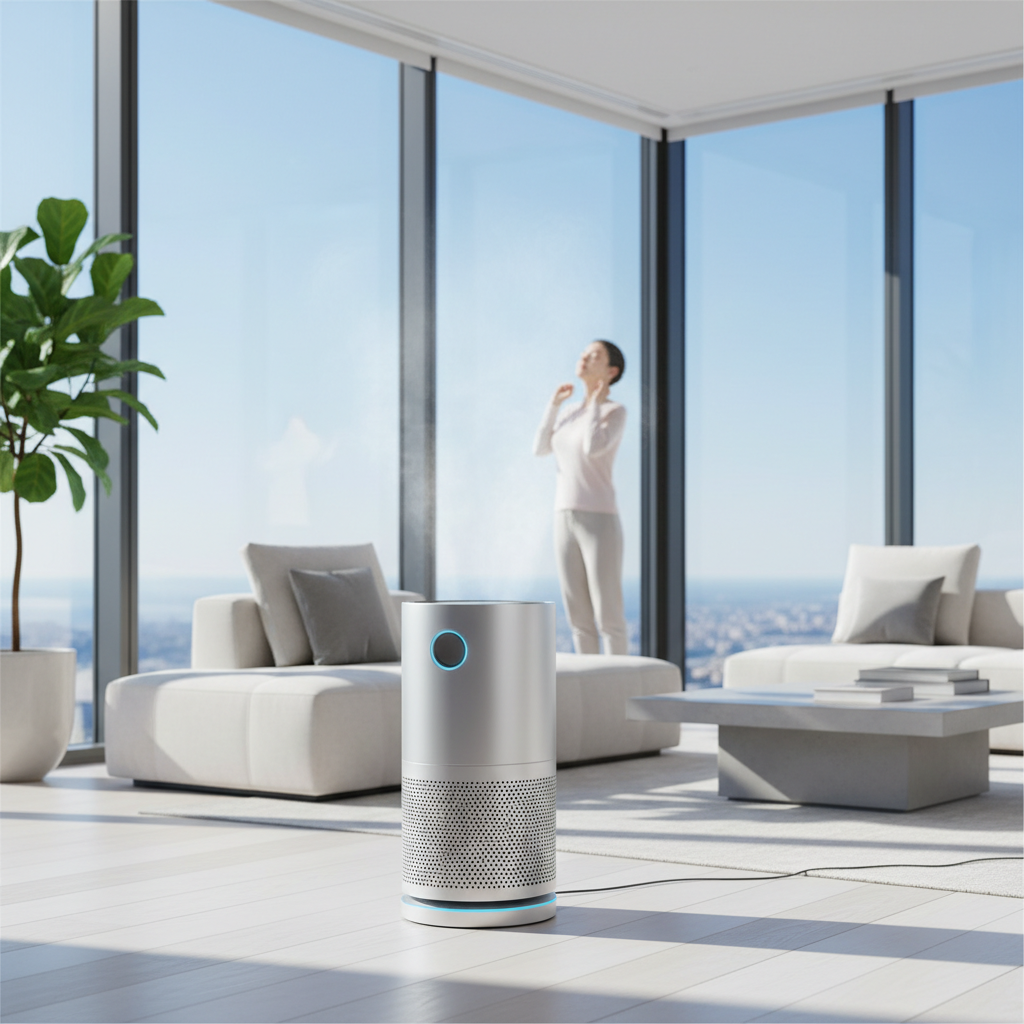 "A bright, minimalist premium living room with large windows showing a clear day, featuring a sleek modern air purifier with a subtle blue light, representing high indoor air quality and a healthy home sanctuary."