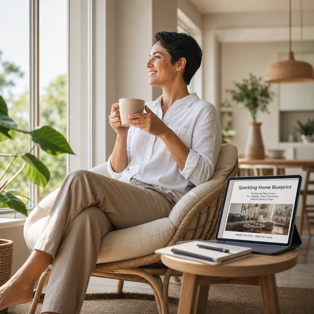 ristine modern living room bathed in soft morning sunlight, with a tablet on a marble coffee table displaying the Sparkling Home Blueprint ebook cover, set against a luxury high-rise city skyline backdrop