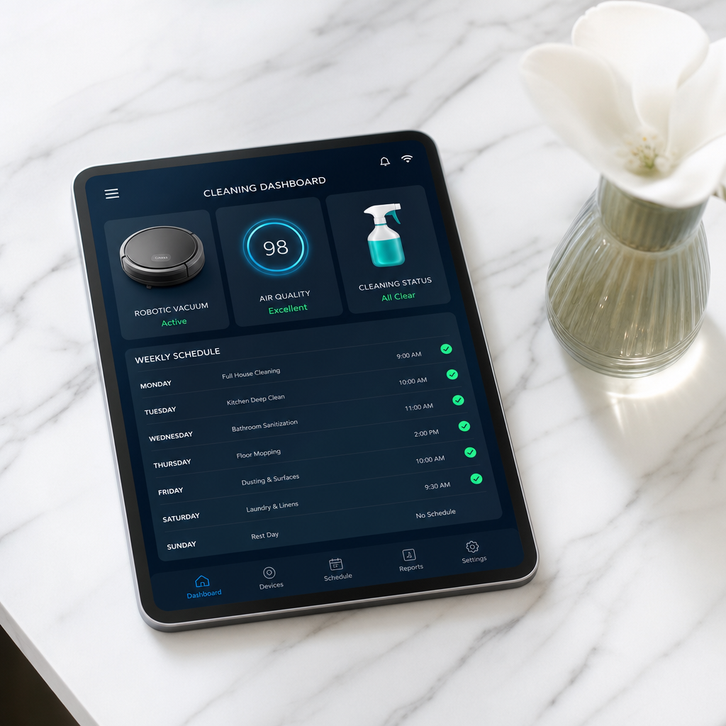ose-up of a smartphone displaying a colorful AI-optimized cleaning dashboard with checkmarks and progress bars, resting on a clean marble countertop next to a small white flower vase