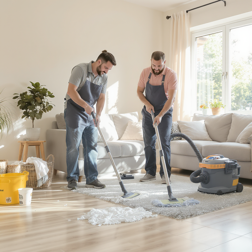 professional cleaning crew using post‑construction cleaning products to remove white construction dust from hardwood floors in a bright newly renovated home, with vacuum, mops and buckets visible, realistic humanized scene