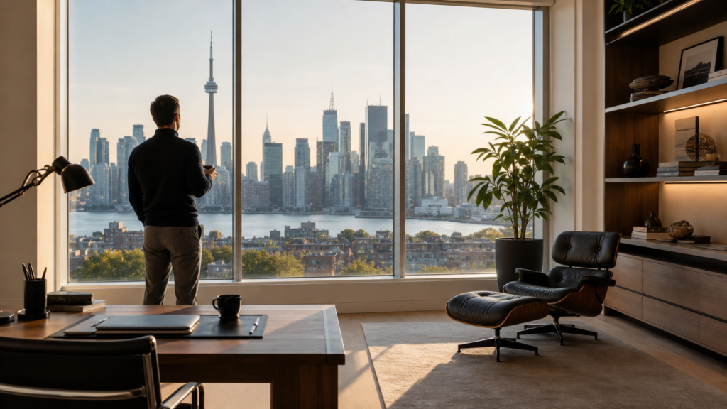 elaxed professional sitting on a designer chair in a pristine sunlit home, holding a coffee cup and looking out the window with a peaceful expression, symbolizing reclaimed time and freedom from chores