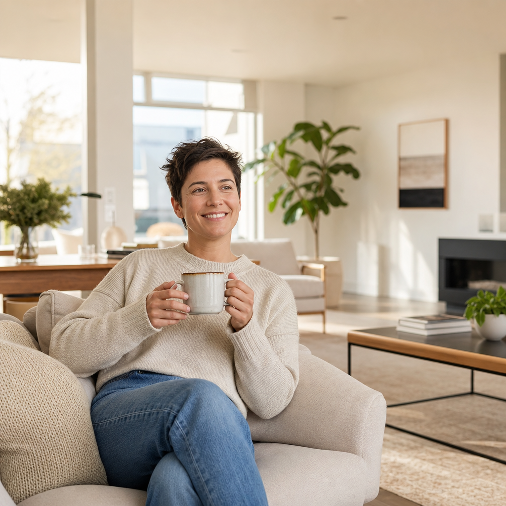 A high-quality, photorealistic image of a smiling professional in their 30s, looking relaxed and satisfied in a perfectly clean and organized modern living room. The person is holding a warm cup of coffee, leaning back on a comfortable sofa, representing the peace of mind from an efficient home routine.