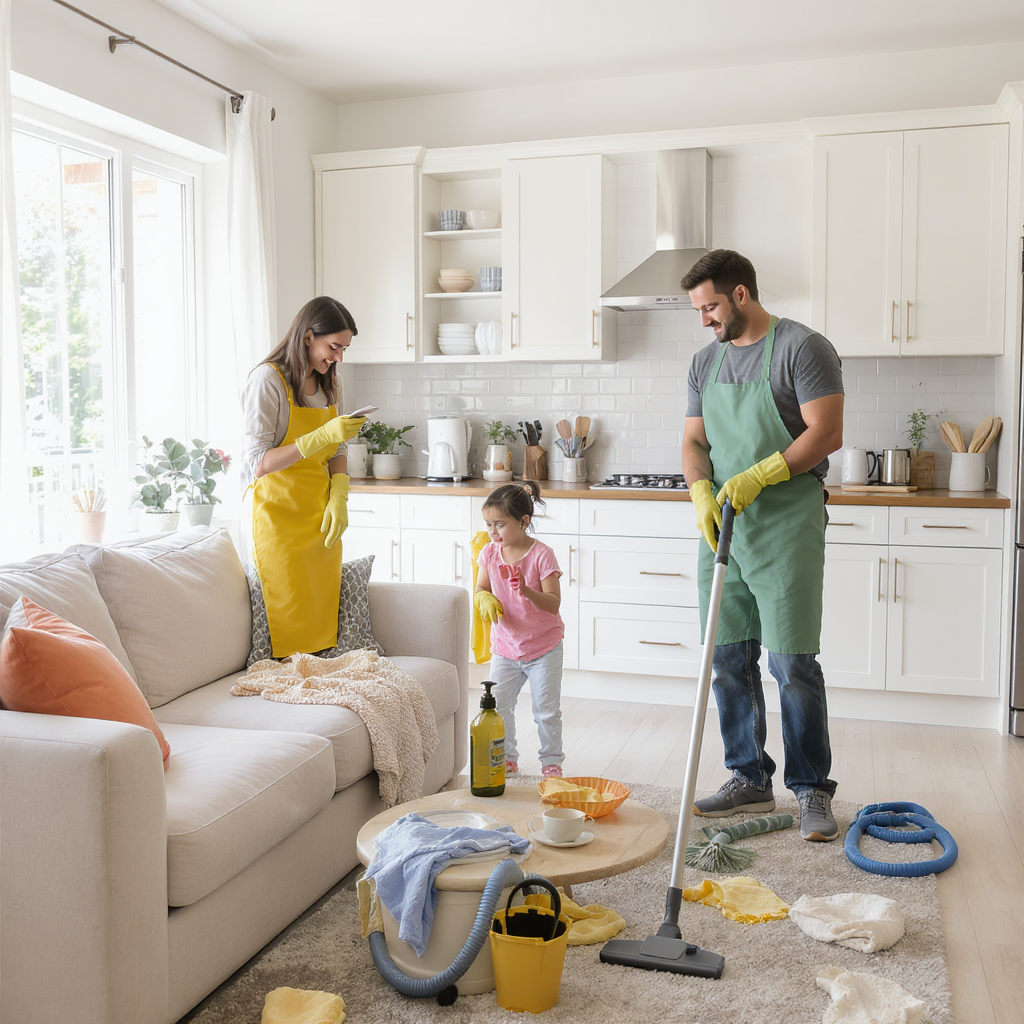 family cleaning bright open‑plan living room and kitchen together, parents and child wearing aprons and rubber gloves while vacuuming and wiping surfaces, cleaning supplies and tools on the floor creating a warm realistic home care scene