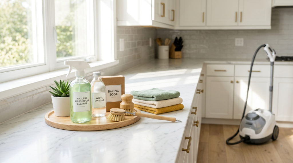 Eco-friendly cleaning products on a modern kitchen counter with natural ingredients and steam cleaner