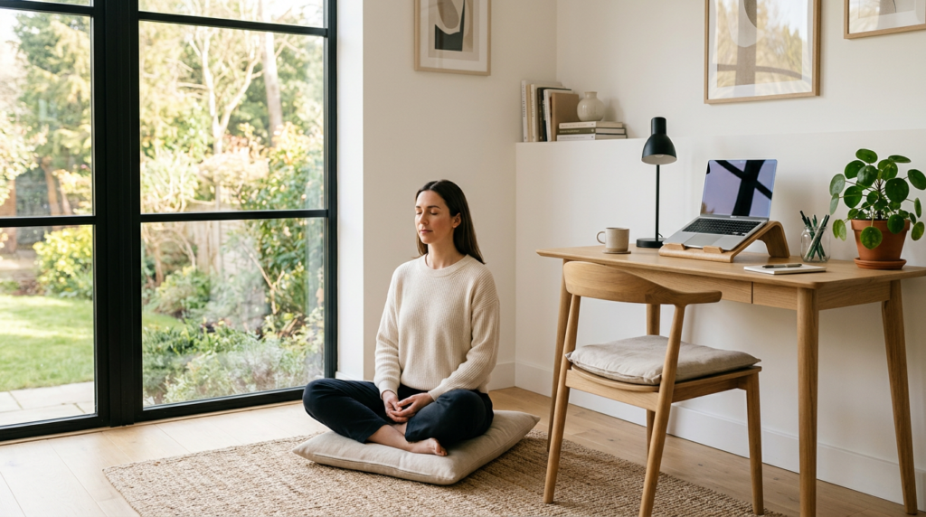 Calm minimalistic living space with natural light and person reading representing psychology of a clean home