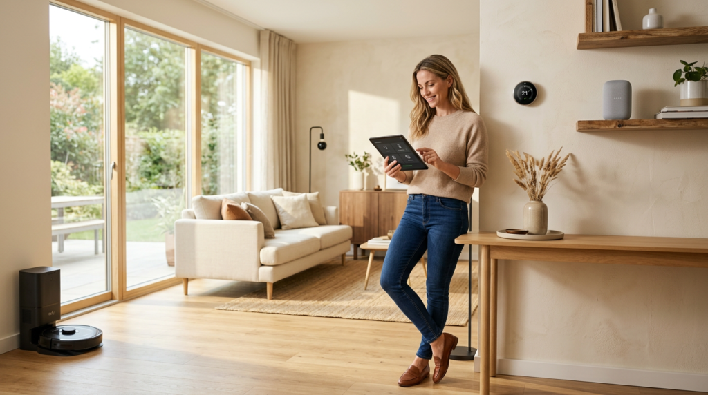 Professional checking smart home dashboard in modern connected house with smart thermostat and robot vacuum
