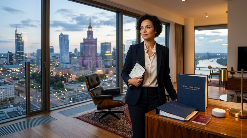 International professional managing a premium home abroad, checking smart home dashboard on tablet with city skyline view and home management binder
