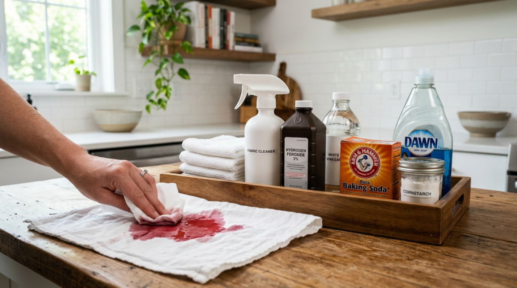 Stain emergency kit with hydrogen peroxide vinegar baking soda and dish soap ready for treating spills on fabric