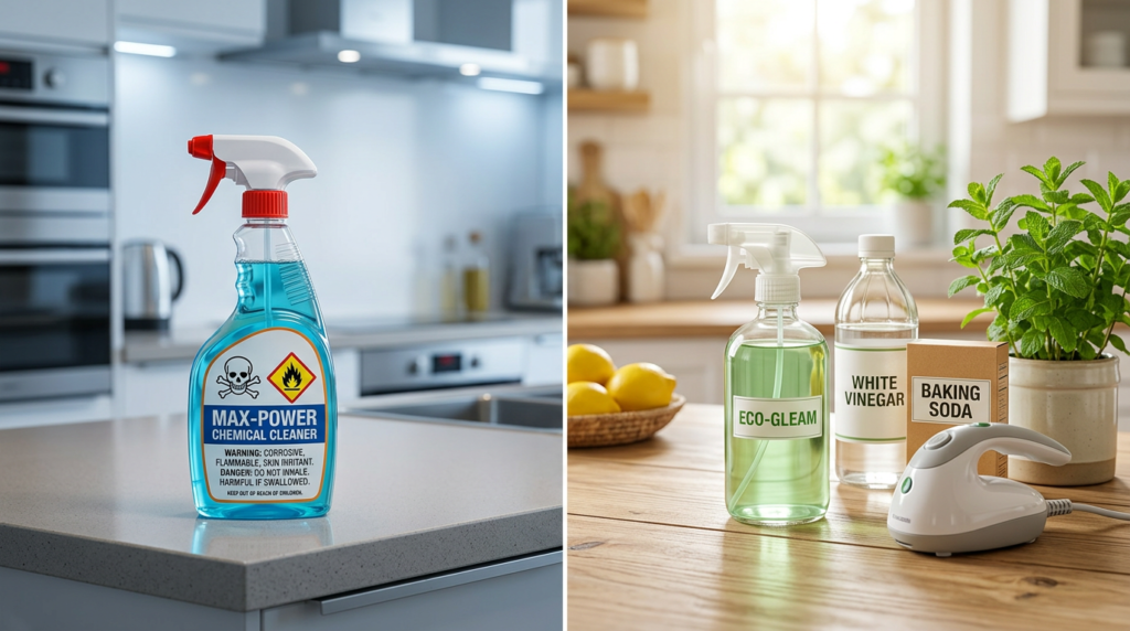 
Side by side comparison of natural cleaning ingredients and chemical cleaning products on a modern kitchen counter